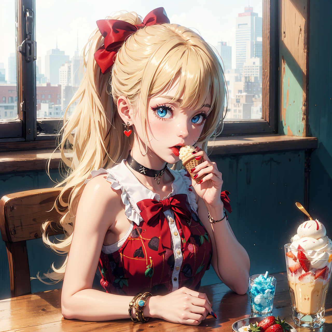 24362-1311704982-1girl, solo, cherry, food, bow, hair ornament, fruit, hair bow, choker, ponytail, looking at viewer, jewelry, earrings, strawber.png